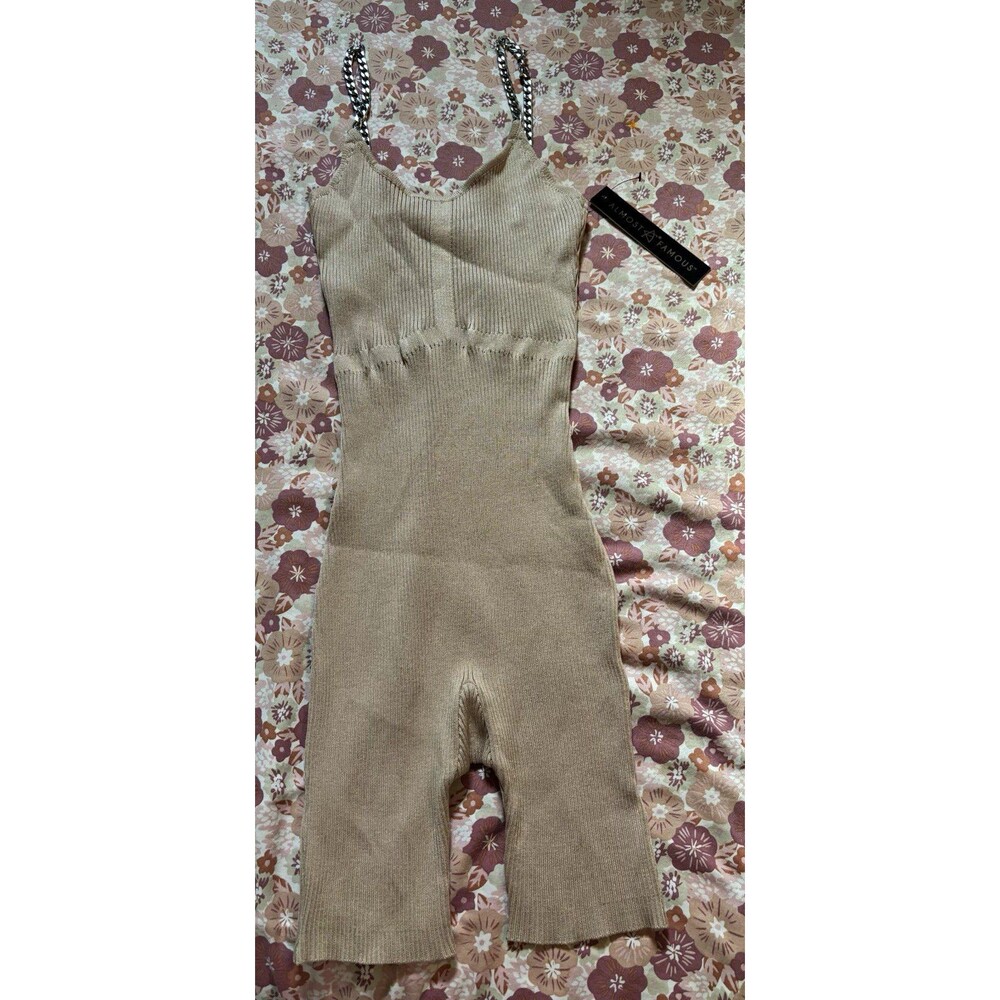 Almost Famous Women’s Size S Beige Ribbed Knit Chain Strap Jumpsuit Rayon